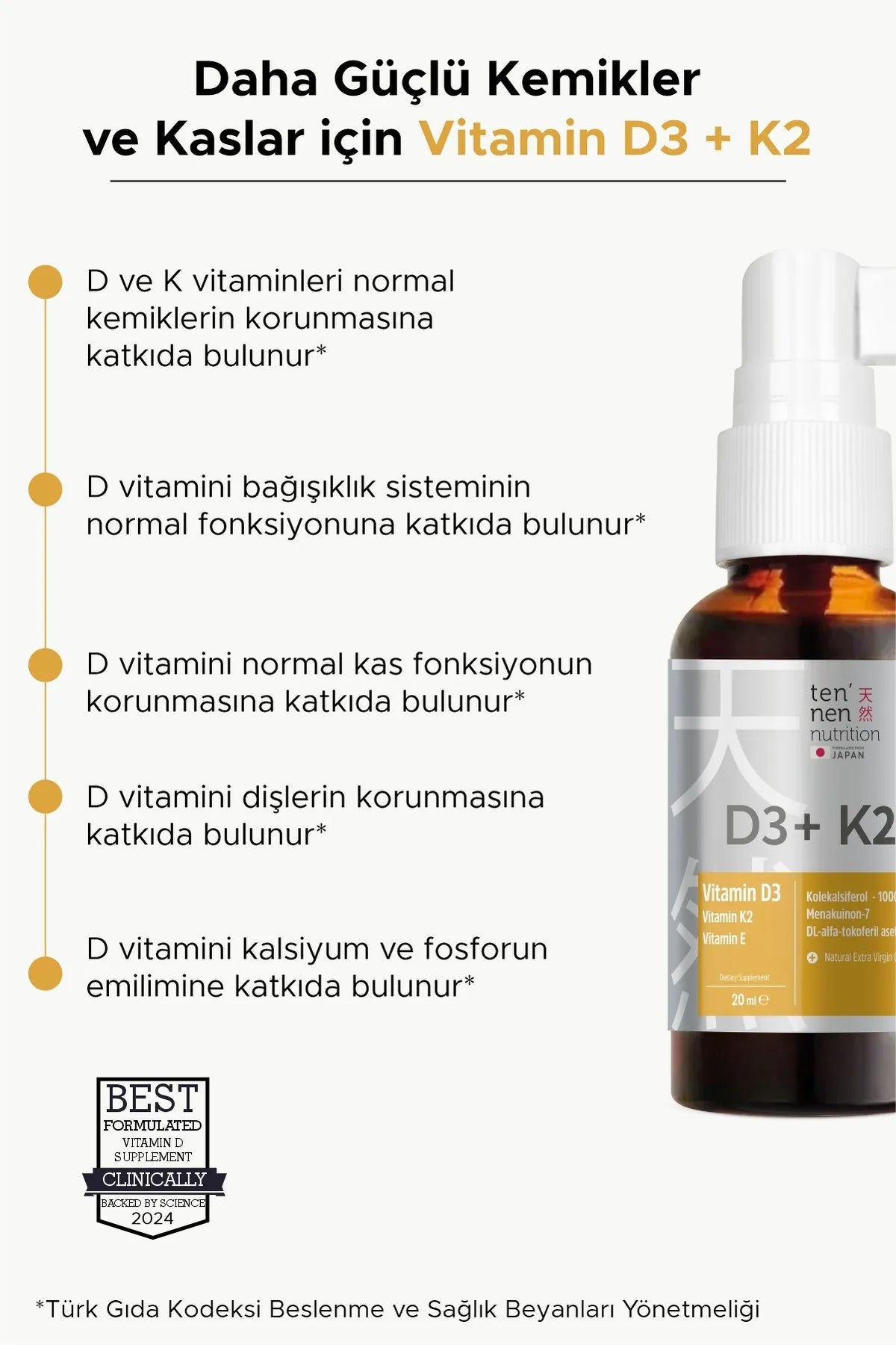 Vitamin D3 K2 1000 IU, Vitamin E, Zeytinyağı Sayesinde Yüksek Emilim, 20 ml