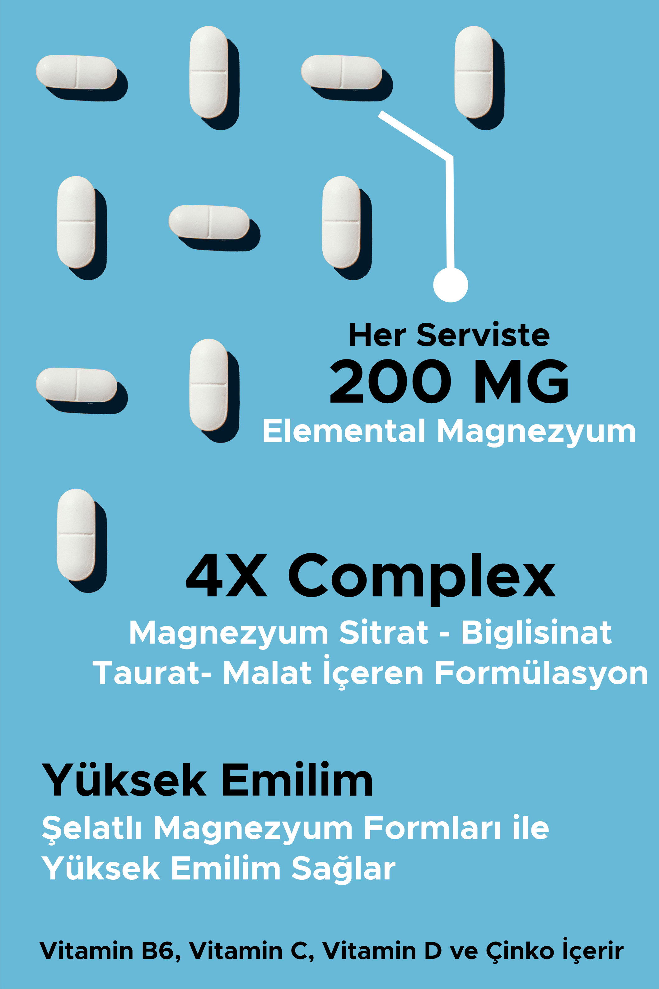 Magnezyum 4X Complex, Sitrat, Taurat, Malat, Biglisinat, Vitamin D, B6, B12, Çinko, Her Tablette 200 Mg Magnezyum