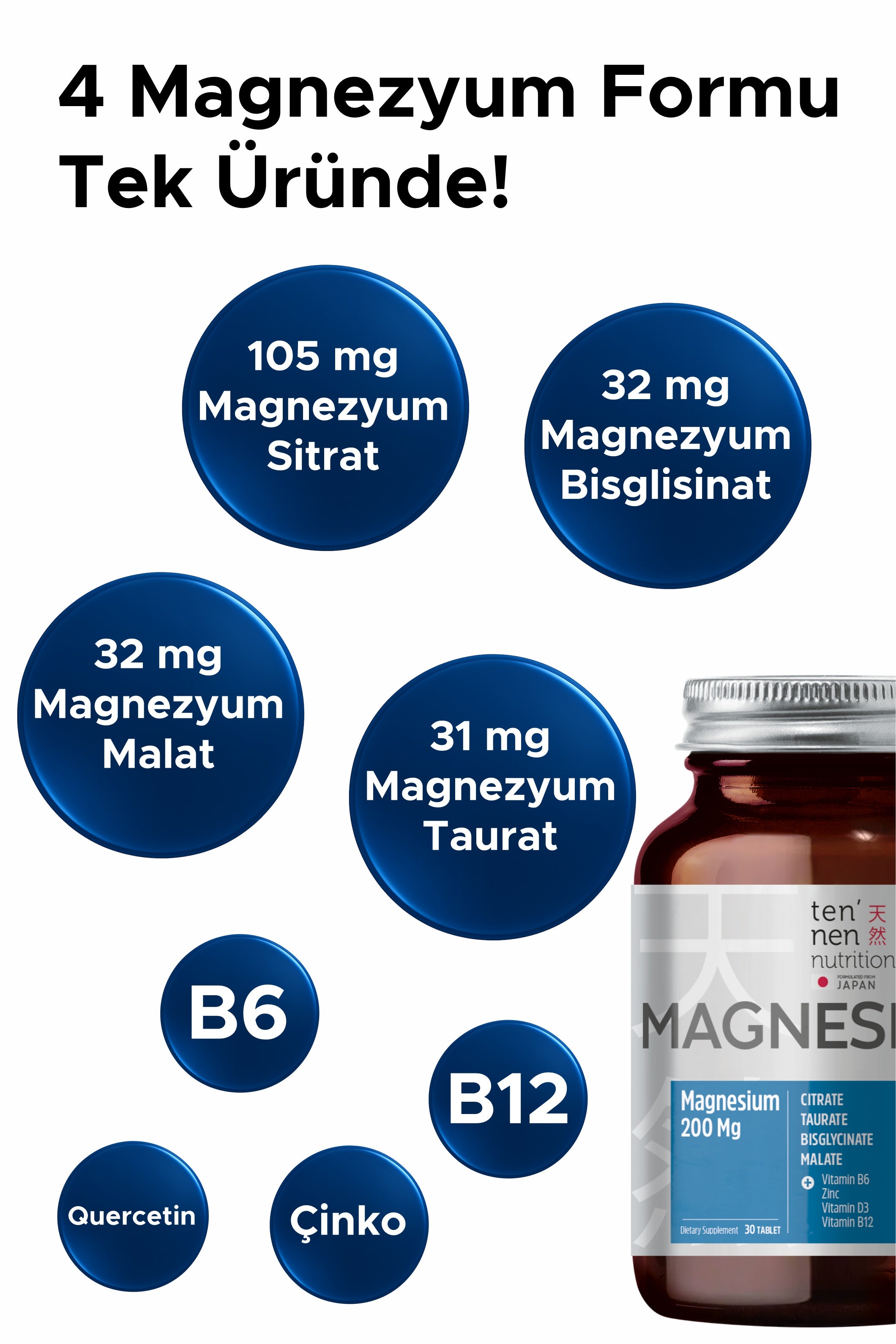 Magnezyum 4X Complex, Sitrat, Taurat, Malat, Biglisinat, Vitamin D, B6, B12, Çinko, Her Tablette 200 Mg Magnezyum