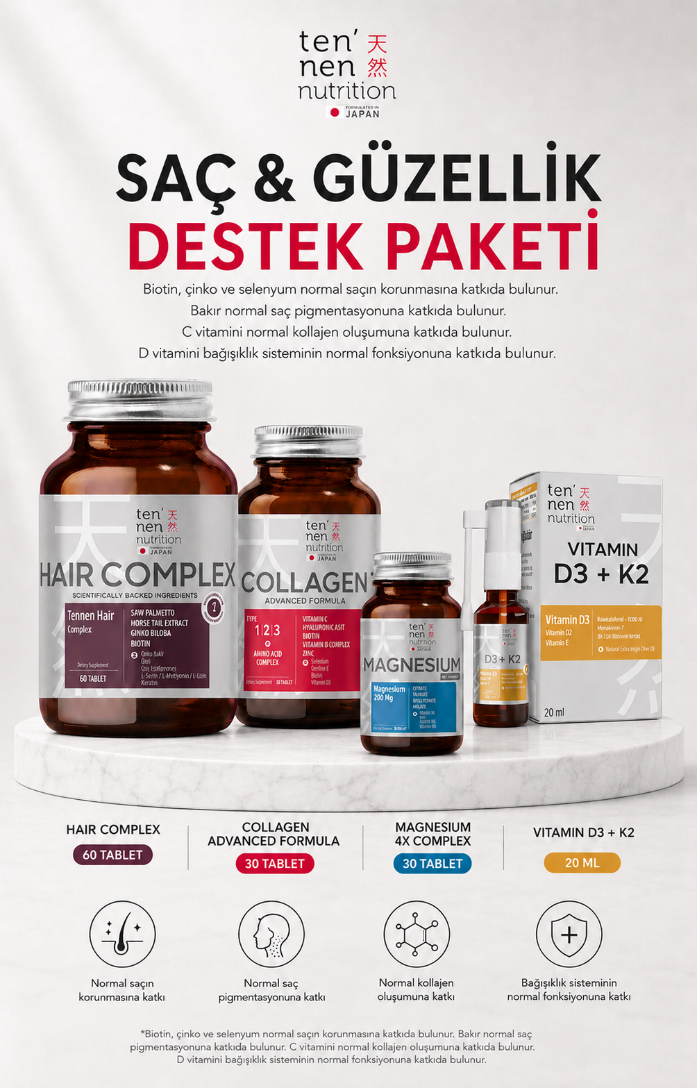 Saç & Güzellik Destek Paketi (Saç Vitamini + Kolajen Tablet + D3K2 Vitamini + Magnezyum Complex)
