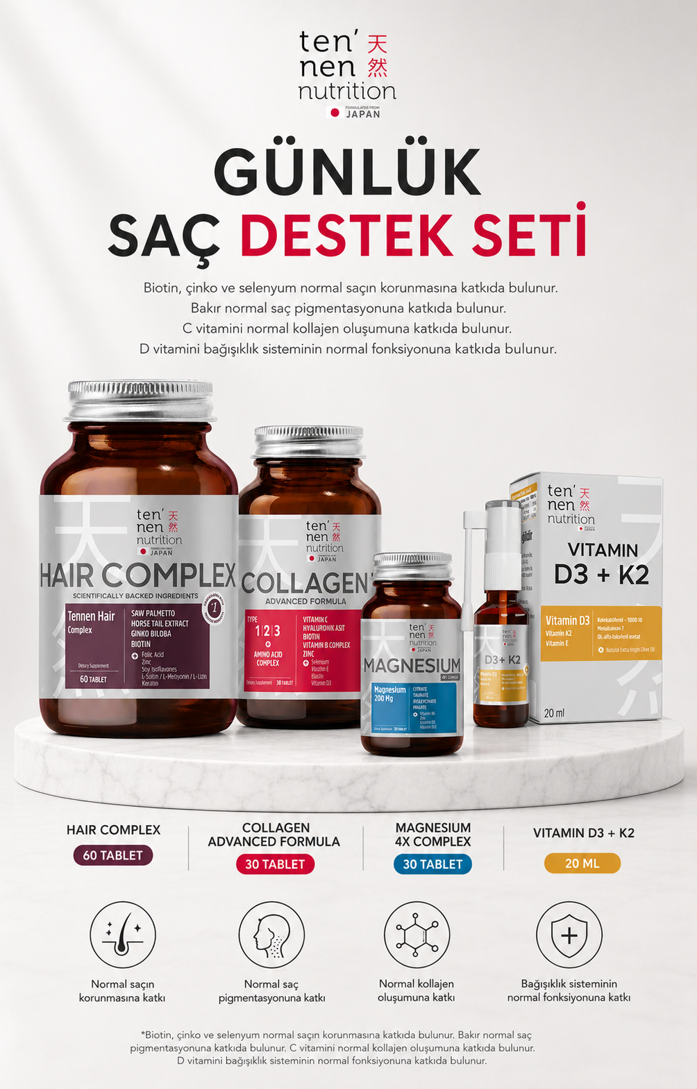 Saç Destek Seti 1 (Saç Vitamini + Kolajen Tablet + D3K2 Vitamini + Magnezyum Complex)